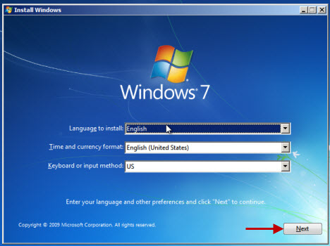 Lựa chọn ngôn ngữ cài đặt và bấm nút Next trong Windows 7
